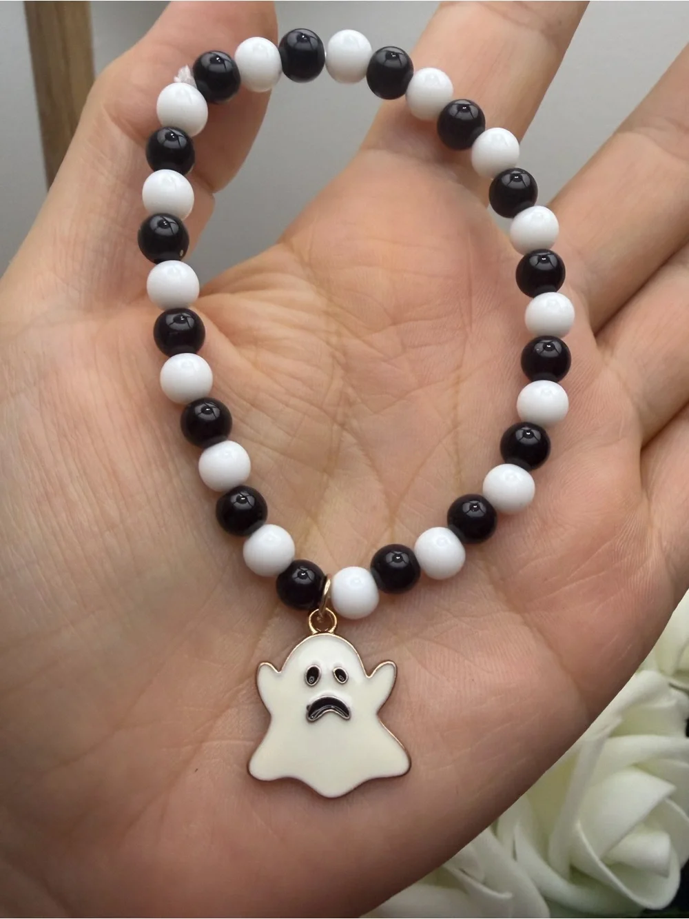 Black & White Beaded Bracelet with Ghost Charm